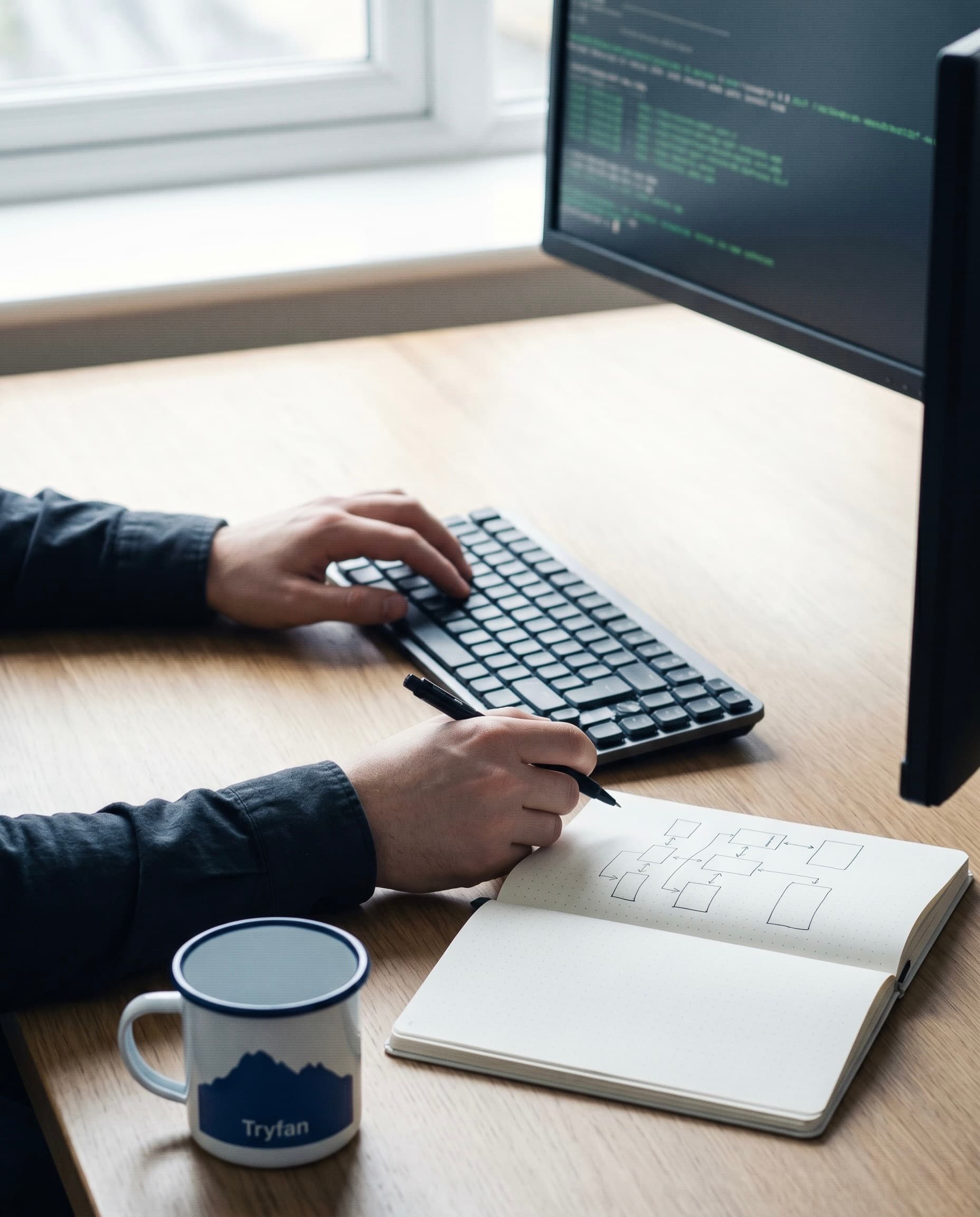 A pair of hands at a wooden desk — left hand on a keyboard, right hand drawing a system architecture diagram in a dot-grid notebook. A small enamel mug with the Tryfan silhouette in alpine blue sits in the foreground.