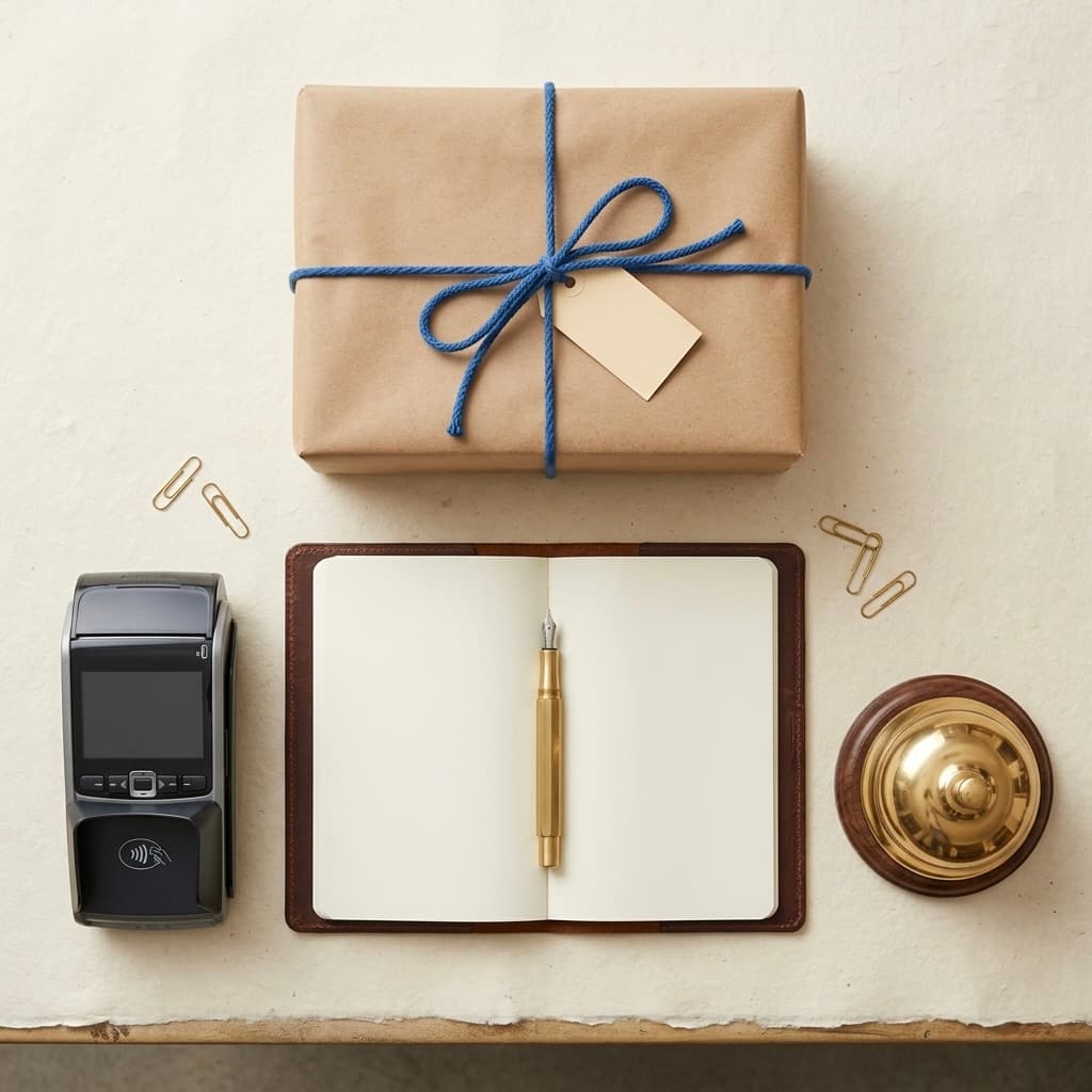 A small shop's counter — order book, fountain pen, card reader, parcel tied with alpine-blue string.